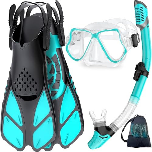Zenoplige Schnorchelset Erwachsene mit Flossen, Anti-Fog Panorama Taucherbrille, Dry Top Schnorchel und Schwimmflossen, 3 in 1 Schnorchel Set für Schwimmen, Tauchen