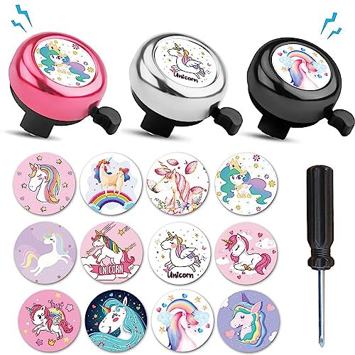 mellystore Fahrradklingel Einhorn Kinder 3 Stück Fahrradglocke für Kinderfahrrad mit 12 Einhorn Aufklebern Fahrrad Klingel Madchen Jungen für Rennrad Mountainbike Kinderfahrräder(Weiß,Schwarz,Rosa)