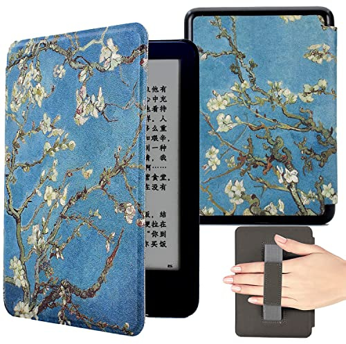 KEROM Case for 6.8 Kindle Paperwhite (11th Generation, 2021) and Kindle Paperwhite Signature Edition, PU Leather Protective Cover Case with Hand Strap, Card Slot, and Auto Sleep/Wake - Almond Blossom