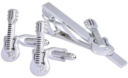 Homxi Manschettenknöpfe Krawattennadel Set,Herren Krawattenklammer Messing Gitarre Herren für Manschettenknöpfe Silber