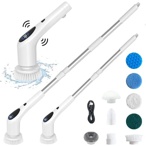 BAKTH Cepillo Eléctrico Limpieza Hogar, Consejos Voz Cepillo de Limpieza Inalámbrico con 9 Cabezales de Cepillo, Fregadora Giratoria Eléctrico para baño, Cocina, Piso, Ranuras, 3 Velocidades Ajuste
