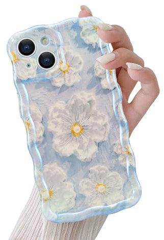 QLTYPRI Compatible with iPhone 13 Case, Oil Painting Floral Flower Pattern Design for Girls Women, Cute Curly Wave Frame Slim Soft Silicone TPU Bumper Shockproof Phone Cover for iPhone 13- Blue