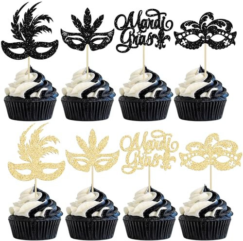 Gyufise 24Pcs Masquerade Masks Cupcake Toppers Black Gold Glitter Mardi Gras Cupcake Food Fruit Picks Masquerade Mardi Gras Party Baby Shower Birthday Party Cake Decorations