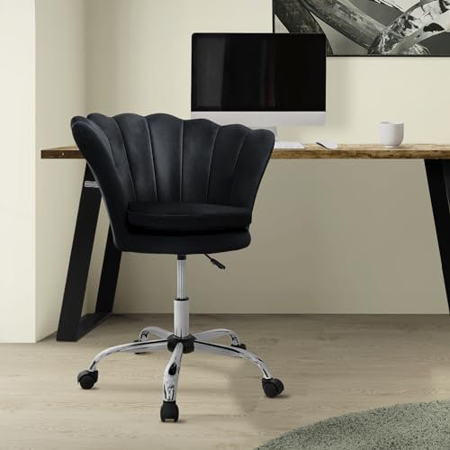 ML-Design Bürostuhl Schwarz aus Samt, Schminktisch Stuhl mit Muschel-Rückenlehne, Drehstuhl mit Rollen, Schreibtischstuhl höhenverstellbar, Polstersessel für Schlafzimmer, Homeoffice Stuhl ergonomisch