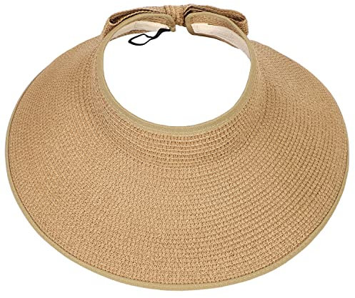 soul young Womens Beach Straw Sun Hats Ponytail Hole Wide Brim Summer Visor Foldable Hat Sun Protection Packable for Travel Pool(One Size,Khaki)