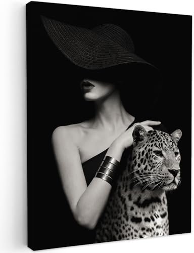 MuchoWow© Bild auf Leinwand 30x40 cm Schlafzimmer Bilder Badezimmer Wand Deko Wohnzimmer Modern Wanddeko Bilderwand Geschenk Frau - Vintage - Porträt - Leopard - Schwarz und weiß