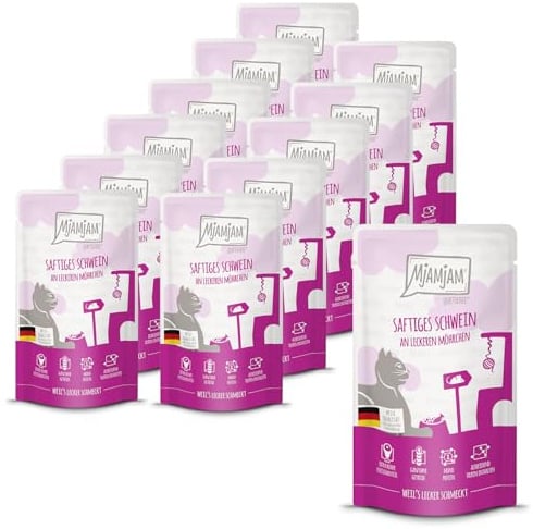MjAMjAM - Premium Nassfutter für Katzen - Quetschie - saftiges Schwein an leckeren Möhrchen, 12er Pack (12 x 125g), getreidefrei mit extra viel Fleisch