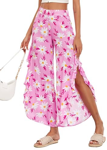 Famulily Pantaloni a gamba larga da donna UK, pantaloni estivi a palazzo a vita alta con cerniera laterale pantaloni casual con stampa floreale, rosa, L