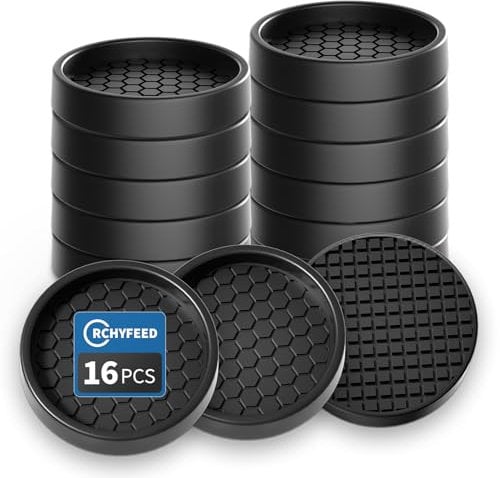 RCHYFEED Furniture Caster Cups - 16Pcs Round Coasters, 2 Non-Slip Castor Cups, Sofa Feet Pads, Thick Rubber - Prevent Moving or Rolling (Black)