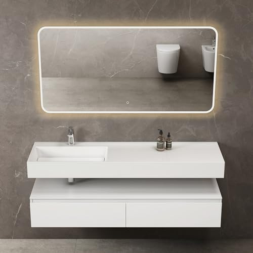 doporro Badmöbel-Set in Weiß matt 150x48x25cm Waschbecken LED-Spiegel | Wandhängendes Badmöbel-Set mit Mineralguss-Waschbecken, LED-Spiegel – großzügig & pflegeleicht für moderne Bäder UP