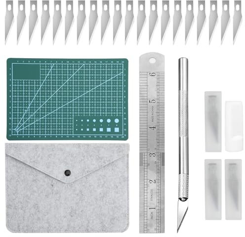 Craft Cutting Tools Knife Set with Storage Bag, 24 Pcs Exacto Carving Hobby Knife Includes Cutting Mat, Stencil Knife, Steel Ruler Tweezers for Paper, Modelling, Quilting, Sewing, Scrapbook, Fabric