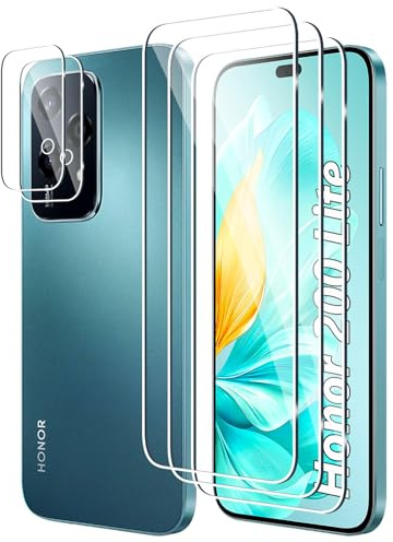 Fyqzio [3+2 Pièces Verre Trempé Pour Honor 200 Lite et Caméra Arrière Protecteur,Sans Bulles,9H Dureté,Anti-Rayures,HD Film Protection Ecran pour Honor 200 Lite
