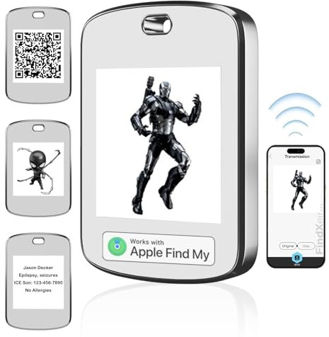 E-Ink Smart Finder Air Tag, Item Tracker can Customize Personalized Information/Graphics/Text/Medical ID/DIY Logo etc, Locator Work with Apple Find My for Key, Kids, Pets, Luggages, Kids, Older.