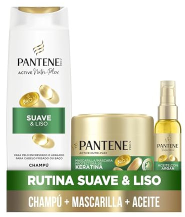 Pantene Pro-V Suave Y Liso Champú 325ml, Mascarilla 300ml, Aceite 100ml Para Pelo Encrespado Y Apagado. Limpieza Suave. Protege Enlaces Capilares