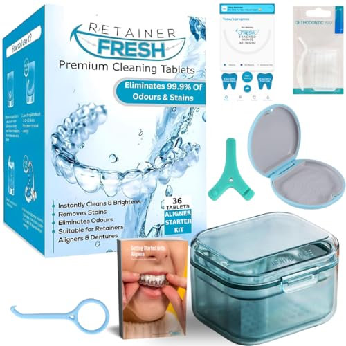 Kit de nettoyage et tablettes – 36 comprimés 1 mois de retenue d'approvisionnement frais, brite et sans taches – Comprimés nettoyants de retenue – Protège-dents, prothèses dentaires, aligneurs