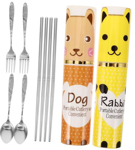 POPETPOP 4 Juegos 6 Piezas Cubiertos con Estuche Cubiertos Infantiles Estuche para Cubiertos Cajas para cuberteria Tenedor y Cuchara de Palillos de Acero Inoxidable Cubiertos portátiles