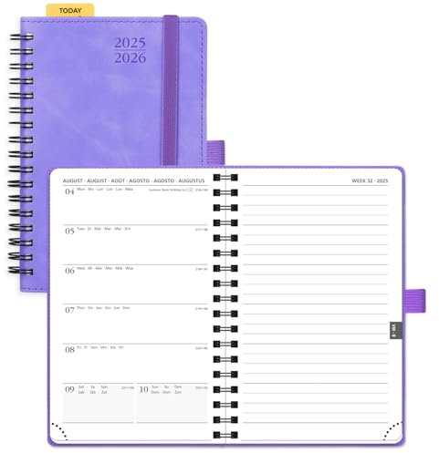 POPRUN Taschenkalender 2025 2026 Klein Notizbuch (Aug.2025-Dez.2026), ca. A6 (16 x 10,5 cm), kalender 2025 Klein Ringbuch mit Softcover - Terminplaner mit Plastiklineal - Flieder