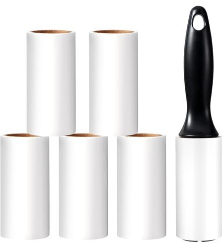 Vinabo Rouleau Poils Animaux, 1 Poignées + 6 Rouleaux Feuilles Adhésives, Rouleau Adhesif Vetement, Lint Roller pour VêTements, Cheveux, Canapé, Lit, Poils de Chat et Chien - 60/Rouleau
