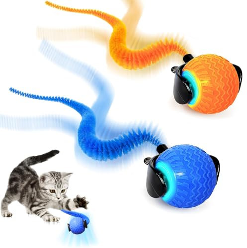 AVCXEC 2 Stück Powerball Katze mit USB und LED Leuchten, Katzenspielzeug Ball Elektrisch, Interaktiver Spielball für Katzen, Power Ball für Katzens, Interaktiver Spielball mit Schwanz für Katzens