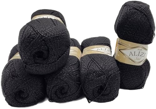 5 x 100 g Ilkadim Export Glitzerwolle SAL zum Stricken und Häkeln, 500 Gramm Metallic – Wolle (schwarz 60)