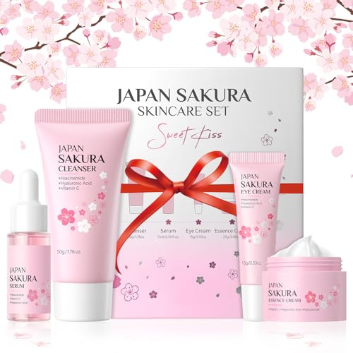 Kit per la Cura della Pelle Sakura, 4 pezzi Set Skincare Viaggio | Idrata e Nutre la Pelle, Include Pulizia, Crema, Siero, Crema Occhi, Cofanetto Regalo Beauty per Adolescente Ragazze e Donne