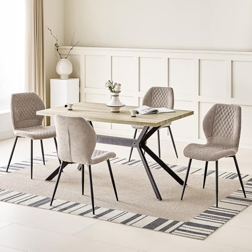 JIJIAN Essgruppen mit Heller Holz Esstisch und 4 Brauner Stühle | Rechteckiger Esstisch in 140 x 80 x 76 cm mit 4 Ergonomischer Design Leinen Esszimmerstühle, für Esszimmer, Küche, Wohnzimmer