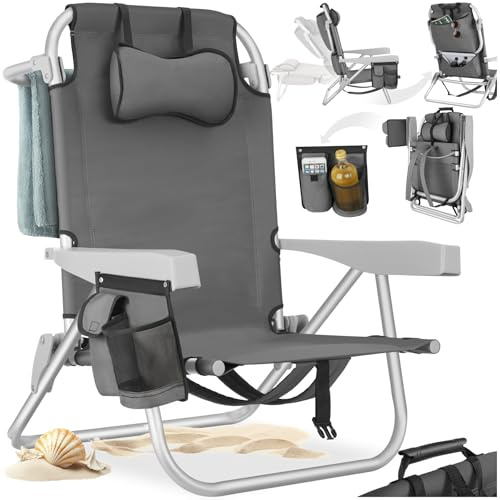 tectake® Chaise pliante Chaise Plage Fauteuil Camping, Cadre en Aluminium inoxydable, Dossier réglable 5 positions avec Appuie-tête Porte gobelet Sac isotherme intégré Accessoire plage Voyage Festival
