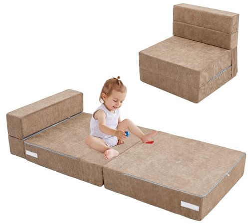 Meulbaty 15CM Extra Dicke Cord Spielsofa Kindersofa,Dreifach Klappbare Matratze,Futon,Leseecke Kinderzimmer,Klappbare Bodenbetten für Kinder(Khaki)