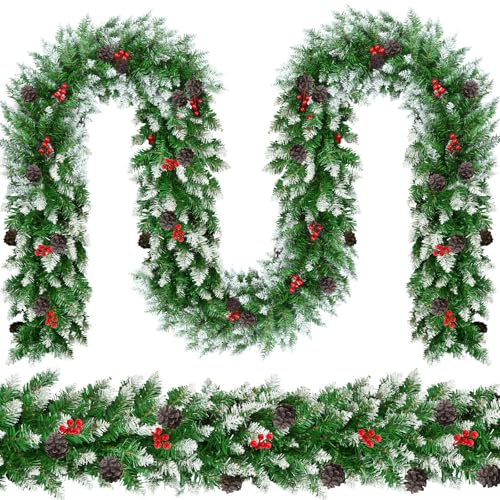 DTYDECLE 270cm/8.86Ft Weihnachtsgirlande mit Schnee, Künstlich Weihnachten Tannengirlande mit Kiefernzapfen und rote Beerenfrucht für Treppen Haustür Girlande Outdoor & innen Weihnachten