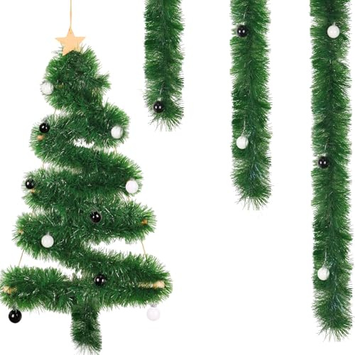 8M Weihnachtsgirlande Ø 13 cm Grün Tannengirlande Weihnachten mit Weihnachtsbaumkugeln Schwarz Weiß 4cm,Künstliche Dekogirlande Feiertagsgirlande Treppe Weihnachtsdeko Girlande Weihnachten