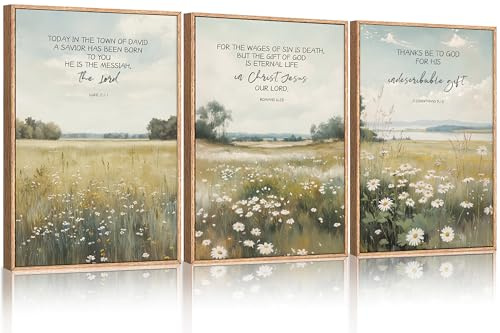 ANHUIB Bibelvers Wandkunst Christliche Poster 30x40 Boho Bibel Bilder Bibelvers Bild mit Rahmen 3er Set Poster Gänseblümchen Christliche Wandbild Bibelverse Weiß Blume Poster Set Wohnzimmer Wanddeko