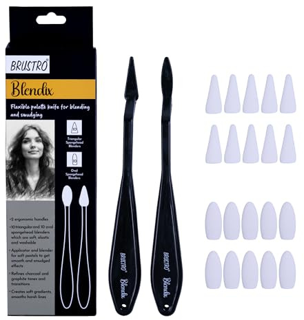 BRUSTRO Blendix Flexible Spongehead Soft Palette Knives | Set of 2 Ergonomic Handles with 10 Triangular & 10 Oval Sponge Blender | Ideal for Blending, Smudging with Graphite, Charcoal and Pastels.