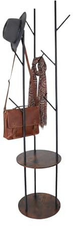 Relaxdays coat stand, 8 hooks, 2 shelves, HxD: 175 x 40 cm, clothing rack, metal & MDF, black/brown