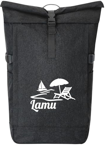 Huuraa Kurierrucksack Lamu Inselmotiv Kenia Geschenk | 30-44 Liter Backpack Black Melange Fairtrade Rolltop Rucksack Geschenkidee Schwarzer Laptop-Rucksack passend für 17-Zoll