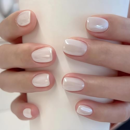 24 Stück Weiß Künstliche Fingernägel - Einfarbig Falsche Nägel - Quadratische Kunstnägel Zum Aufkleben Kurz - Full Cover Perle Weiss Glossy Acryl Press on Nails Für Frauen Mädchen (Pearl White)