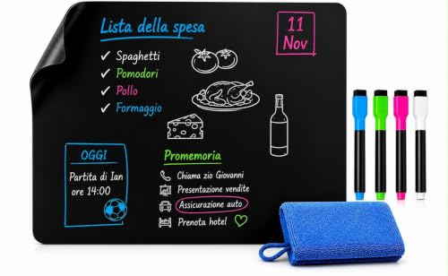 Lavagna Magnetica Frigorifero 40x30 cm con 4 Pennarelli Colorati e Panno in Microfibra – Lavagna Magnetica Flessibile Cucina o Ufficio – Lavagnetta Cancellabile per Note, Appunti e Lista Spesa