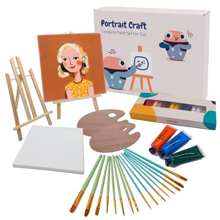 Artnova Malset für 2 Personen – DIY Set mit 2 Leinwänden, Staffeleien, Pinseln, Paletten, Acrylfarben und Anleitung, ideal für Porträts, kreatives Geschenk für Partner, Freunde oder Anfänger