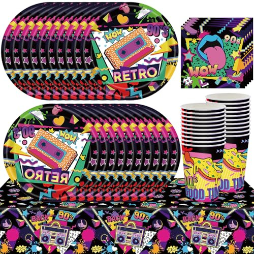 61 Piece 90s Disco Tableware Set, Music Theme, Disco Party Decor, Music Party Supplies, Bar Weekend Essentials, Retro 70s, 80s, 90s Plates, Party Plates, Napkins, Paper Cups, Tablecloths (20 Guests) ﻿