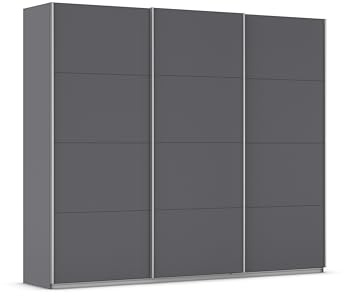 Rauch Möbel KULMBACH, Schwebetürenschrank, Grau metallic, Breite 271 cm | Kleiderschrank mit Schwebetüren, Schiebetüren, 3-türig, Zubehör Basic, für Schlafzimmer, Jugendzimmer, Garderobe, Flur