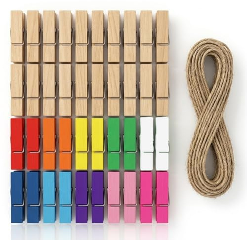 JIRVEX 40 mollettine in legno piccole con filo per foto, ghirlanda fotografica, mini mollette in legno per parete fotografica, appendere foto, immagini, biglietti, decorazioni per matrimoni