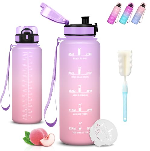 Botella Agua Gimnasio, Botella 1 5 litros, A Prueba de Fugas, Cantimplora con Filtro, Water Bottle con Escala de Tiempo, con Cepillo de Esponja, Cantimplora para la Senderismo, Triatlón, Deportes