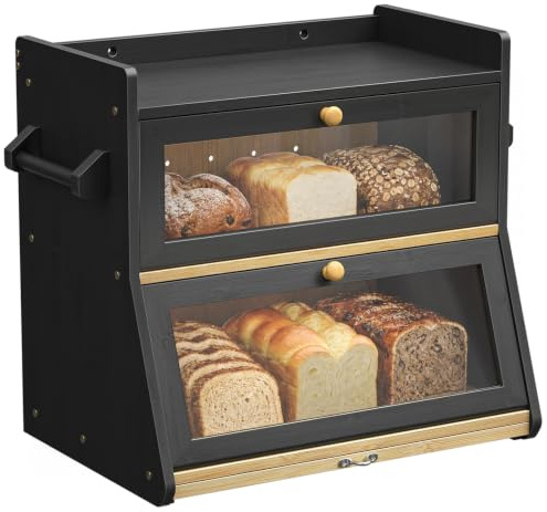 Double Bread Bin with Cutting Board, Extra Large 2-Layer Bread Storage Box | Decker Bamboo, Clear Windows, Bread Storage for Kitchen Countertop, Food Container Homemade, 40x 26x 38CM