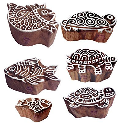 Handgemacht Muster Schildkröte und Fisch Holz Blöcke Stempel (Set von 6)