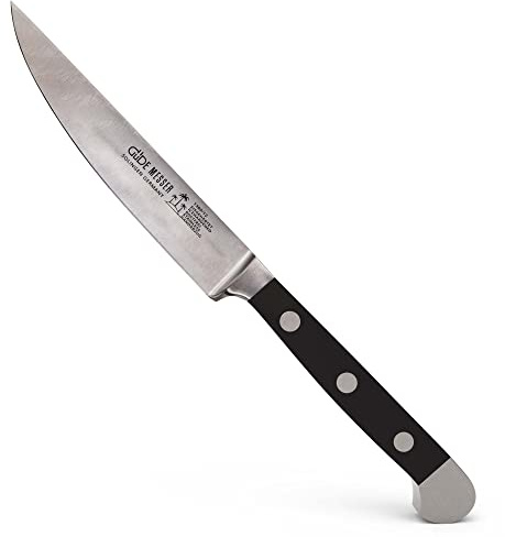 GÜDE Solingen - Porterhouse Steakmesser Glatt geschmiedet, 12 cm, POM schwarz, ALPHA, Doppelkropf, Handmade Germany