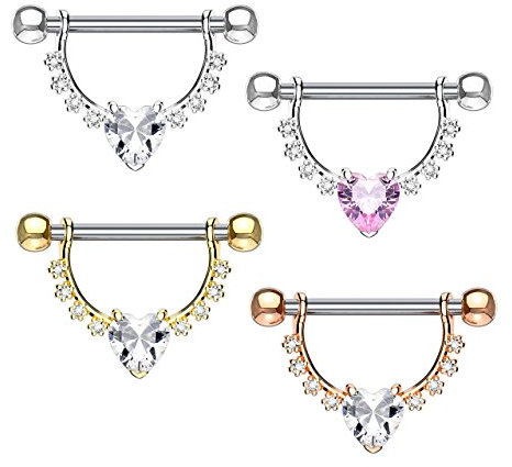 beyoutifulthings Brustwarzen-Piercing GROSSES Herz Set Intim-Piercing Brust-Piercing Edelstahl Silber Gold Roségold Clear Pink Stab 1,6mm 12mm