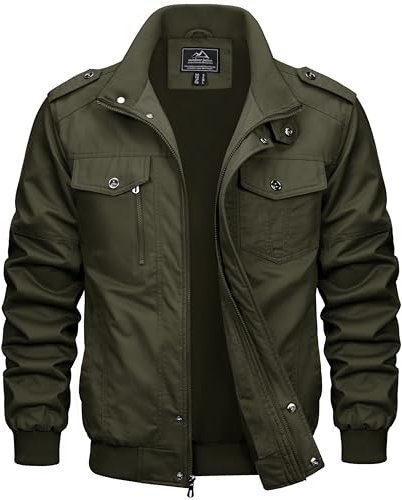MAGCOMSEN Blouson Cargo Militaire pour Hommes Léger Coupe-vent en Coton Multipoches Mi-saison avec Col Rabattu et Zippe Green XL