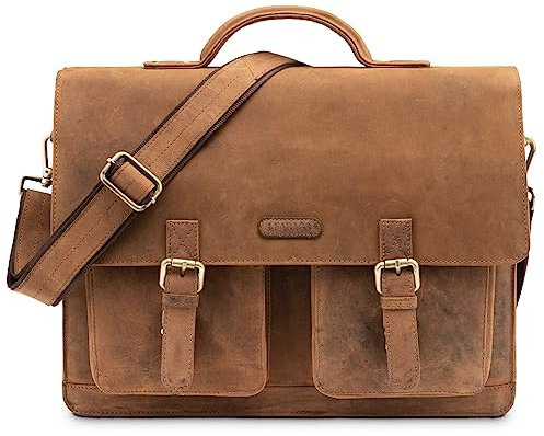 LEABAGS Leder Aktentasche Herren & Damen I Echtleder Laptoptasche bis 15 Zoll I Umhängetasche mit Schultergurt I Schultertasche I Messenger Bag I Arbeitstasche I Lehrertasche I Fox