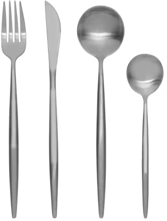 Modern Retro Cutlery Set, Matte Silver Stainless Steel, 16 Piece