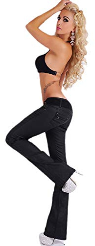 Zeralda Damen Hüft Jeans Hose Kunstleder Lederhose Wetlook Bootcut Schlaghose mit Gürtel
