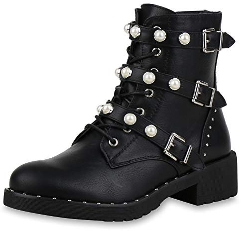 SCARPE VITA Damen Stiefeletten Schnürstiefeletten Leder-Optik Boots Leicht Gefütterte Schuhe Profilsohle Kurzschaft-Stiefel Zierperlen 167973 Schwarz 37